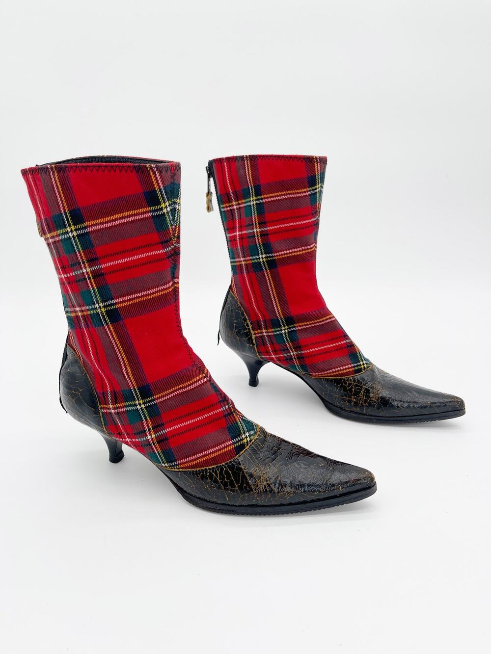 Miu Miu Vintage Tartan Plaid Crackled Leather Pointed Kitten Heel Boots IT 37